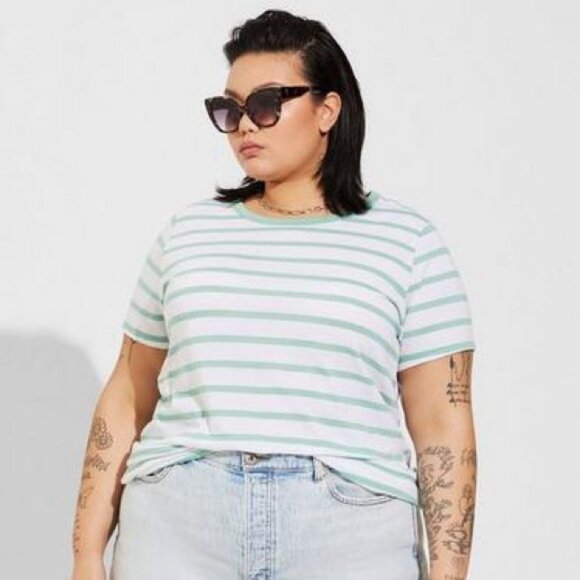 Women’s torrid 1 Mint Striped Everyday Signature Jersey Crew Neck Tee 14 16 1X - Picture 1 of 13